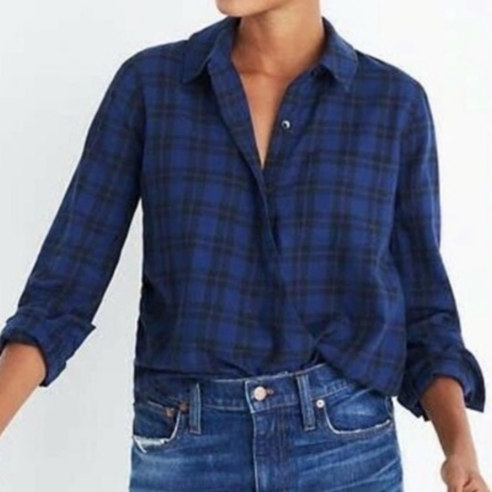 Madewell Blue Plaid Wrap Front Crossover Shirt XS